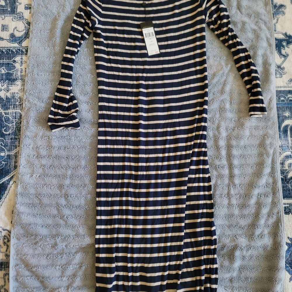 BCBGMaxAzria Navy and Cream Striped Long Sleeve Dress